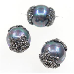 round pearlized shell beads paved rhinestone, approx 15mm dia [GMPDA9507]