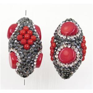 clay rice beads paved rhinestone with coral, approx 18-30mm [GMPDA9511]