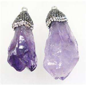 purple Amethyst nugget pendant paved rhinestone, freeform, approx 15-35mm [GMPDA9540]