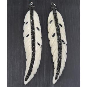 white Bone feather pendant paved rhinestone, approx 23-100mm [GMPDA9557]