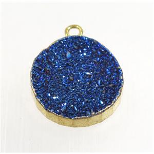 blue Agate Druzy pendant, flat round, gold plated, approx 18mm dia [GMPDA9567]