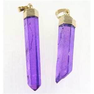 Clear Quartz stick pendant, purple, gold plated, approx 10-50mm [GMPDA9623]