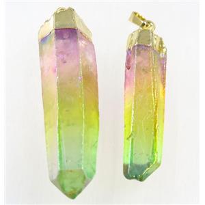 Clear Quartz stick pendant, rainbow, gold plated, approx 10-50mm [GMPDA9628]