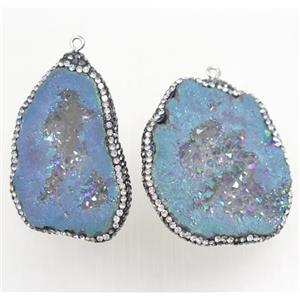 gray-blue Druzy Agate pendant pave rhinestone, freeform, approx 20-40mm [GMPDA9634]