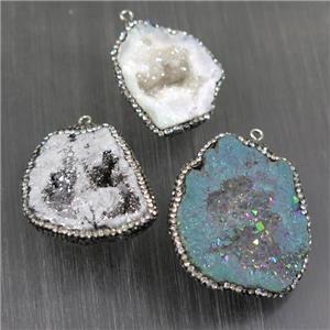 Druzy Agate pendant pave rhinestone, mix color, freeform, approx 20-40mm [GMPDA9638]