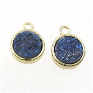 blue Druzy Quartz pendant, flat round, gold plated, approx 8mm dia [GMPDA9640]