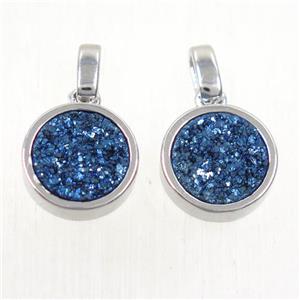 blue Druzy Agate pendant, flat round, platinum plated, approx 11mm dia [GMPDA9641]