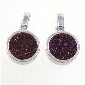 purple Druzy Agate pendant, flat round, platinum plated, approx 11mm dia [GMPDA9642]