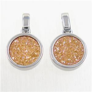 gold champagne Druzy Agate pendant, flat round, platinum plated, approx 11mm dia [GMPDA9644]