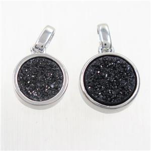black Druzy Agate pendant, flat round, platinum plated, approx 11mm dia [GMPDA9645]