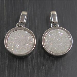white AB-color Druzy Agate pendant, flat round, platinum plated, approx 11mm dia [GMPDA9646]