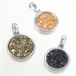 Druzy Agate pendant, mix color, flat round, platinum plated, approx 11mm dia [GMPDA9647]