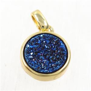 blue Druzy Agate pendant, flat round, gold plated, approx 11mm dia [GMPDA9648]