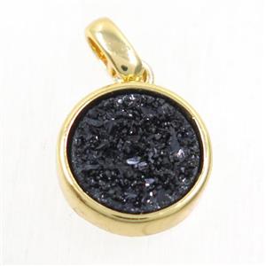 black Druzy Agate pendant, flat round, gold plated, approx 11mm dia [GMPDA9650]