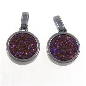 purple Druzy Agate pendant, flat round, black plated, approx 11mm dia [GMPDA9653]