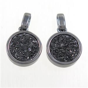 black Druzy Agate pendant, flat round, black plated, approx 11mm dia [GMPDA9655]