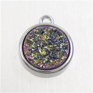 rainbow Druzy Agate pendant, flat round, platinum plated, approx 12mm dia [GMPDA9659]