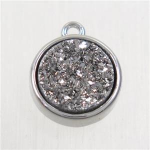 silver Druzy Agate pendant, flat round, platinum plated, approx 12mm dia [GMPDA9660]