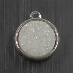 white AB-color Druzy Agate pendant, flat round, platinum plated, approx 12mm dia [GMPDA9661]