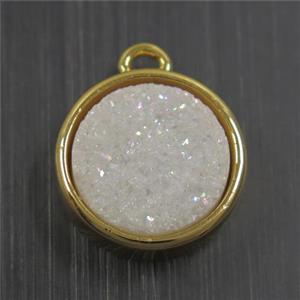 white AB-color Druzy Agate pendant, flat round, gold plated, approx 12mm dia [GMPDA9667]