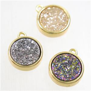 Druzy Agate pendant, mix color, flat round, gold plated, approx 12mm dia [GMPDA9668]