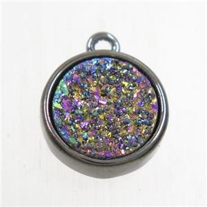 rainbow Druzy Agate pendant, flat round, black plated, approx 12mm dia [GMPDA9671]