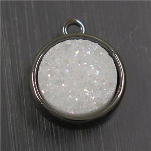 white AB-color Druzy Agate pendant, flat round, black plated, approx 12mm dia [GMPDA9673]