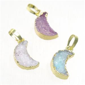 Druzy Quartz moon pendant, mix color, gold plated, approx 8-12mm [GMPDA9675]