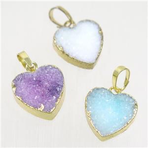 Druzy Quartz heart pendant, mix color, gold plated, approx 13mm dia [GMPDA9677]