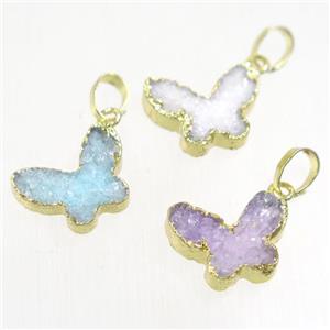 Druzy Quartz butterfly pendant, mix color, gold plated, approx 10-15mm [GMPDA9678]
