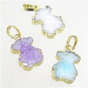 Druzy Quartz bear pendant, mix color, gold plated, approx 10-13mm [GMPDA9680]