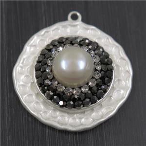 white Pearl pendant pave rhinestone, copper, flat round, duck silver plated, approx 24mm dia [GMPDA9686]