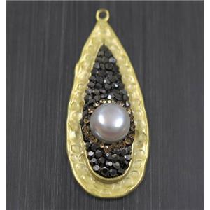 white Pearl pendant pave rhinestone, copper, teardrop, duck silver plated, approx 17-40mm [GMPDA9689]