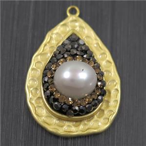 white Pearl pendant pave rhinestone, copper, teardrop, duck silver plated, approx 20-26mm [GMPDA9690]