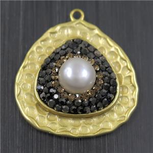 white Pearl pendant pave rhinestone, copper, teardrop, duck silver plated, approx 27mm dia [GMPDA9691]