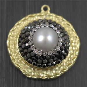 white Pearl pendant pave rhinestone, copper, flat round, duck silver plated, approx 24mm dia [GMPDA9692]