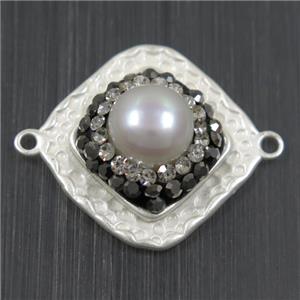 white Pearl connector pave rhinestone, copper, square, duck silver plated, approx 18x18mm [GMPDA9693]
