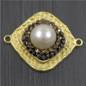 white Pearl connector pave rhinestone, copper, square, duck gold plated, approx 18x18mm [GMPDA9695]