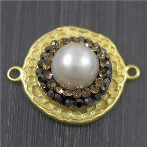 white Pearl connector pave rhinestone, copper, flat round, duck gold plated, approx 18mm dia [GMPDA9696]