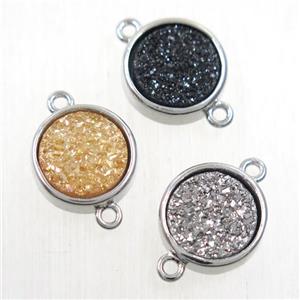 Druzy Agate connector, mix color, flat round, platinum plated, approx 12mm dia [GMPDA9741]