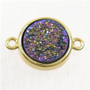 rainbow Druzy Agate connector, flat round, gold plated, approx 12mm dia [GMPDA9743]
