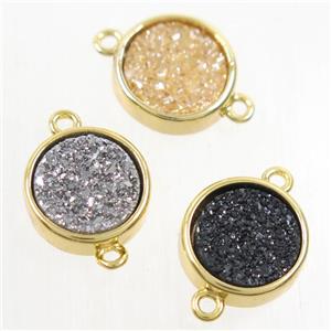 Druzy Agate connector, mix color, flat round, gold plated, approx 12mm dia [GMPDA9747]