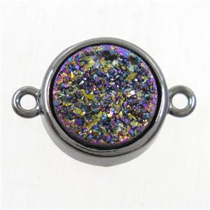 rainbow Druzy Agate connector, flat round, black plated, approx 12mm dia [GMPDA9750]