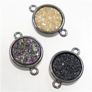 Druzy Agate connector, mixc olor, flat round, black plated, approx 12mm dia [GMPDA9753]