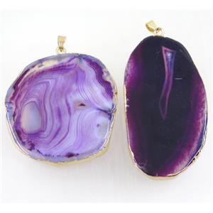 purple stripe Agate slice pendants, freeform, gold plated, approx 30-80mm [GMPDA9868]