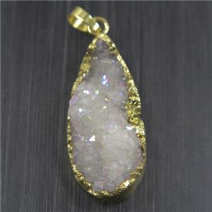 white AB-color Druzy Quartz pendant, teardrop, gold plated, approx 15-35mm [GMPDA9938]