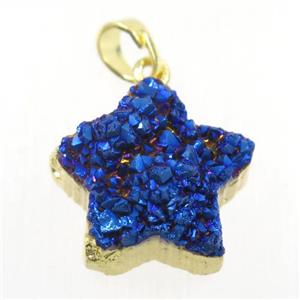 blue electroplated Druzy Quartz star pendant, gold plated, approx 20mm dia [GMPDA9939]