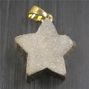 white AB-color Druzy Quartz star pendant, gold plated, approx 20mm dia [GMPDA9943]