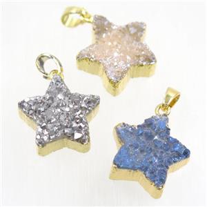 mixed color Druzy Quartz star pendant, gold plated, approx 20mm dia [GMPDA9944]