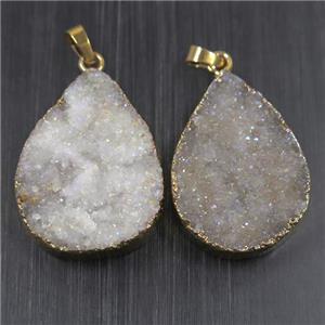 white AB-color Druzy Quartz pendant, teardrop, gold plated, approx 25-35mm [GMPDA9945]